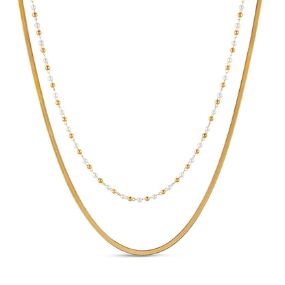 Contrast Pearl Layered Snake Chain Necklace - Gold