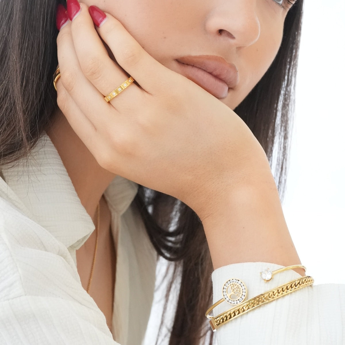 Tree Of Life Stone Bangle Bracelet - Gold