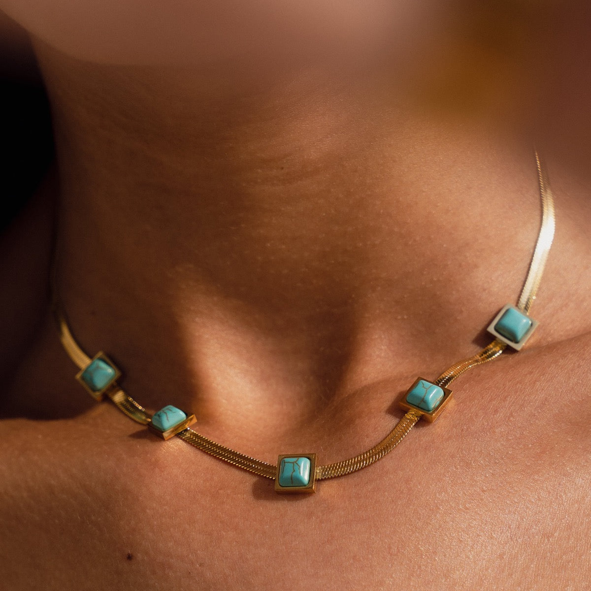 Aqua Stone Snake Chain Necklace - Gold