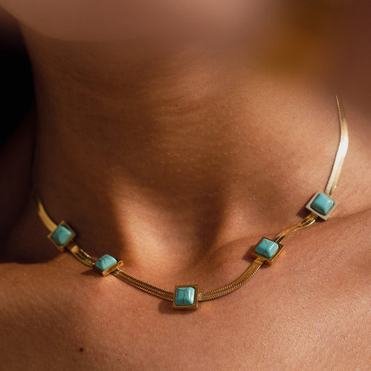 Aqua Stone Snake Chain Necklace - Gold