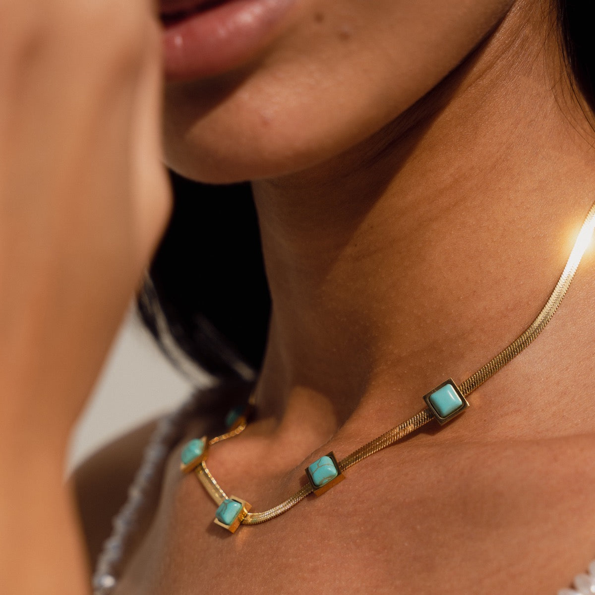 Aqua Stone Snake Chain Necklace - Gold