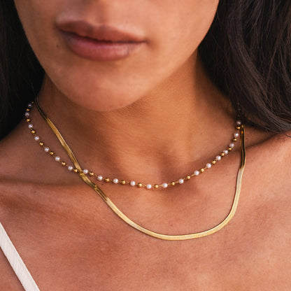Contrast Pearl Layered Snake Chain Necklace - Gold